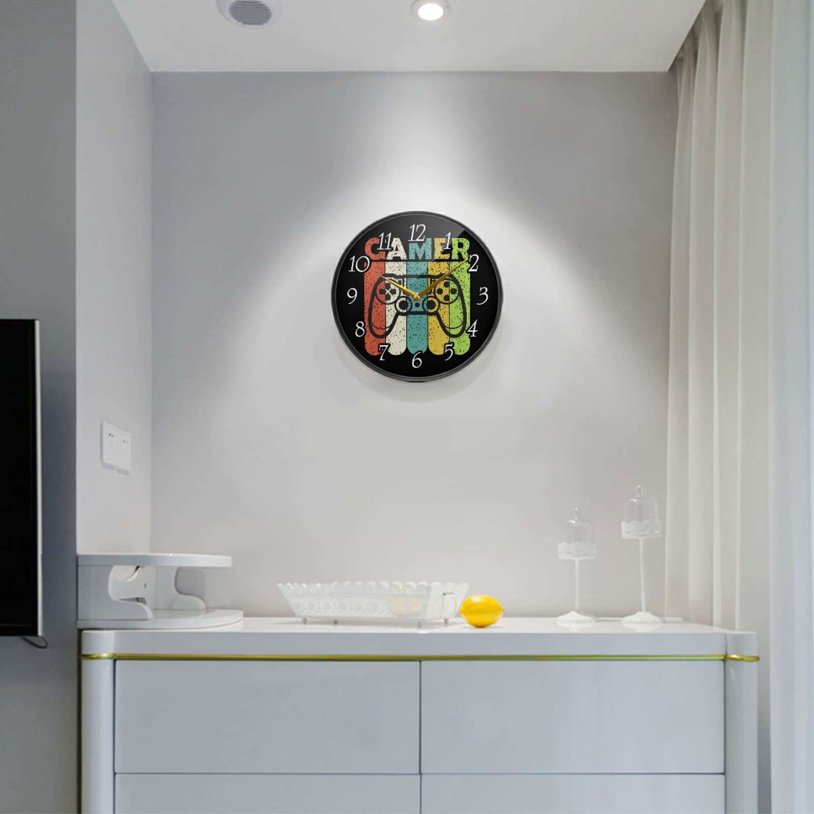 Colorful Joystick Vintage Gamepad with Slogan Gamer on Dark Wall Clock, Silent Non-Ticking Easy to Read Round Decorative Acrylic Wall Clock Art, for Living Room Home Office School 12 Inch 4