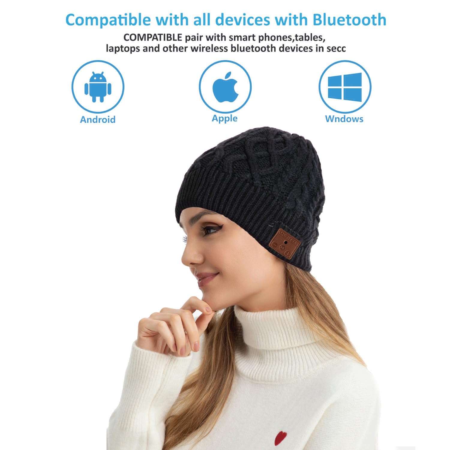 MUSICBEE Bluetooth Beanie，Bluetooth V5.2, 24 Hour Play time, Built-in Microphone and HD Stereo Speakers, Wool Lined for Outdoor Homes and Gifts - Neutral(Black 4