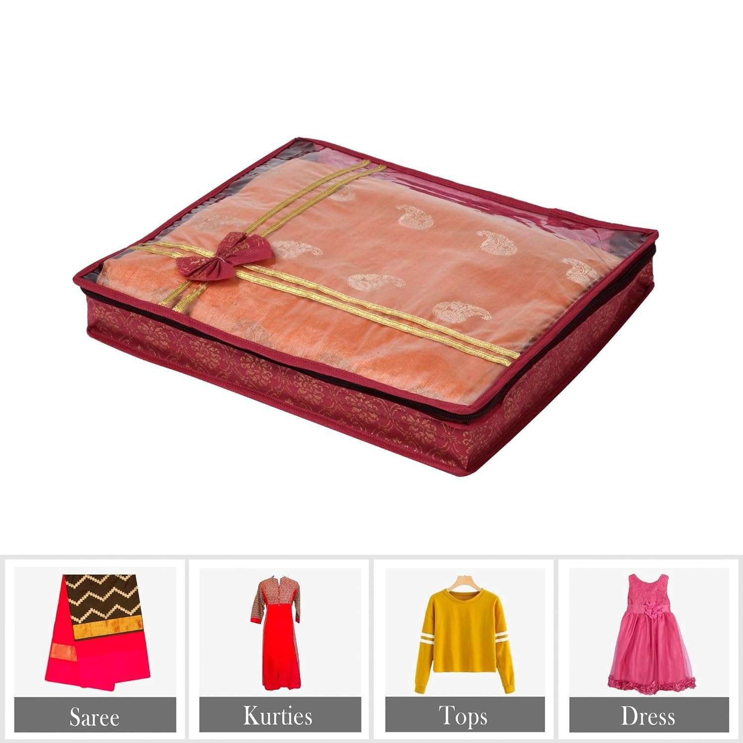 Kuber Industries polyester Pack of 6 Saree Cover|Cloth Packing Bags with Zip|Dress Pouches for Storage|Suit Bags for Women|Saree Organizer for Wardrobe|Bow Golden Printed|3 Inch|Maroon 6