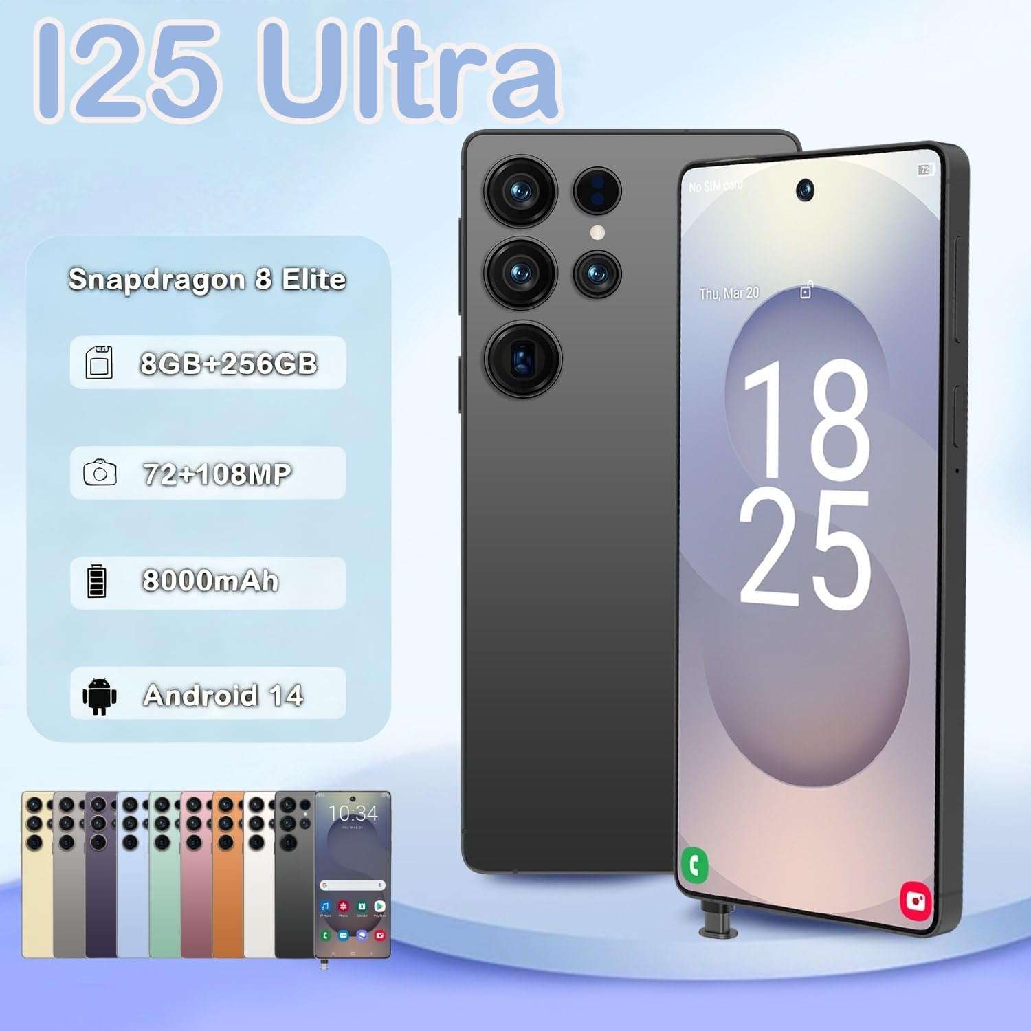 ExAchat I25U 5G Unlocked Phones,Android 15.0 Smartphone,6.9" HD,8000mAh Battery,8GB+256GB,72+108MP Camera,Built-in Stylus Pen,5G Dual SIM Cards/Face Unlock/Fingerprint Unlock/GPS. (Black) 3