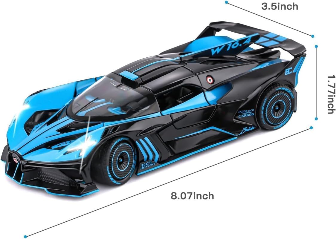 RJKD New 1:24 Bugatti Bolide Alloy Die-Cast Metal Car Pull-Back Action with Openable Doors Realistic Sound and Light Effects Car for Kids - Blue 3