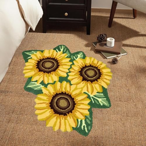 USTIDE Sunflower Rug for Kitchen Handmade Rug Yellow Flower Floor Mat Modern Rustic Carpet Washable Non-Slip Bathroom Mat for Bedroom/Foyer 3x2 3