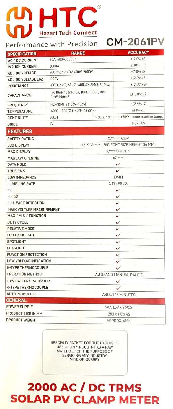 HTC CM 2061PV 2000 AC/DC TRMS SOLAR PV DIGITAL CLAMP METER By Skyking ® 6