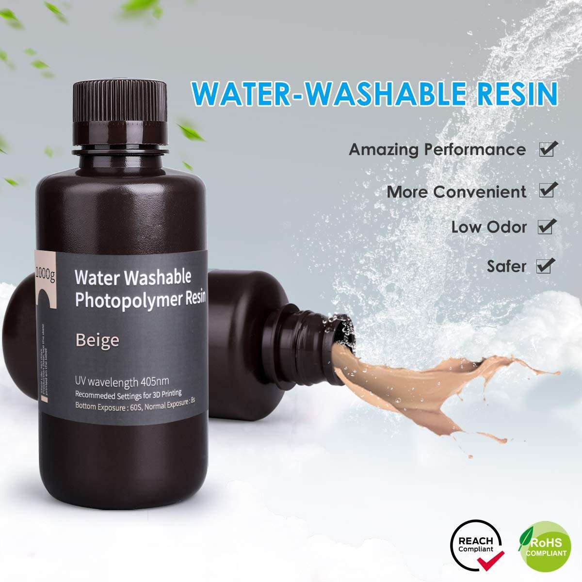 ELEGOO Water Washable 3D Printer Resin LCD UV-Curing Resin 405nm Standard Photopolymer Resin for LCD 3D Printing 1000Gram Beige 6