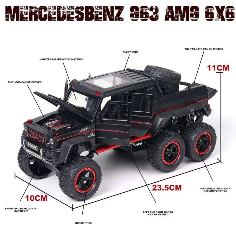 COCOBLINC 1:22 Big 6X6 AMG Benz G63 Alloy Diecast Model Car Pull Back Vehicle Toy with Openable 5 Doors Sound and Light Car for Kids (Black) 4