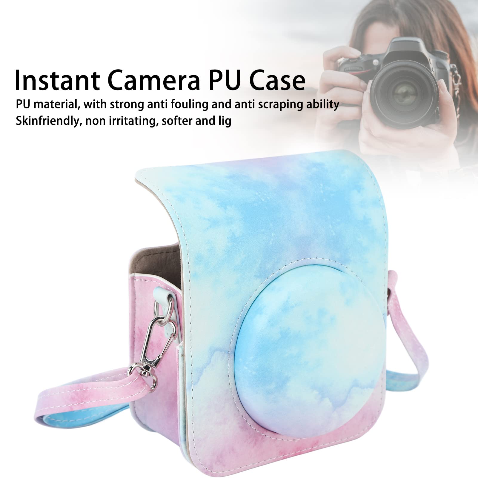 banapoy Instant Camera Case, Instax Mini 12 Camera Protective Case Bag With Adjustable Shoulder Strap, Portable PU Leather Camera Carrying Bag for Instax Mini 12 Camera (Blue Pink) 3