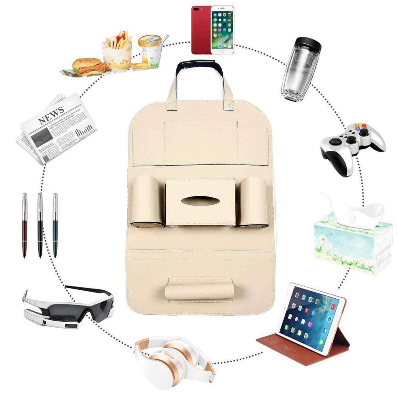 Oshotto Car Backseat Storage Organizer Phone Holder,Multi-Pocket for Bottles, Tissue Boxes,Kids Toy Storage and Great Travel Accessory Compatible with Tata Indigo (Beige) 3