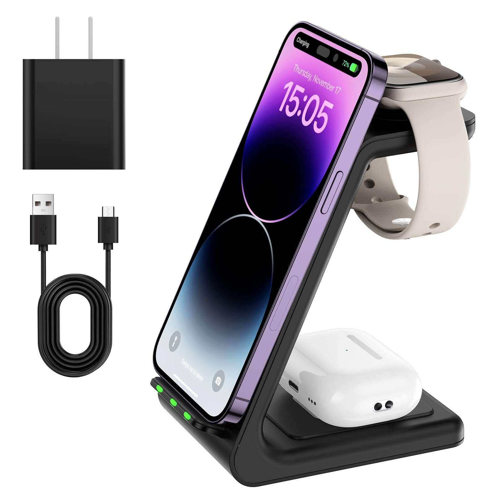 Wireless Charger 3 in 1 for iPhone/iWatch/Airpods, Charging Station for iPhone 15/14/13/12/11/Pro Max/SE/X/XS/8, Multi Charger Stand for Apple Watch 9/8/7/6/SE/5/4/3/2, for Airpods 3/Pro/2 1