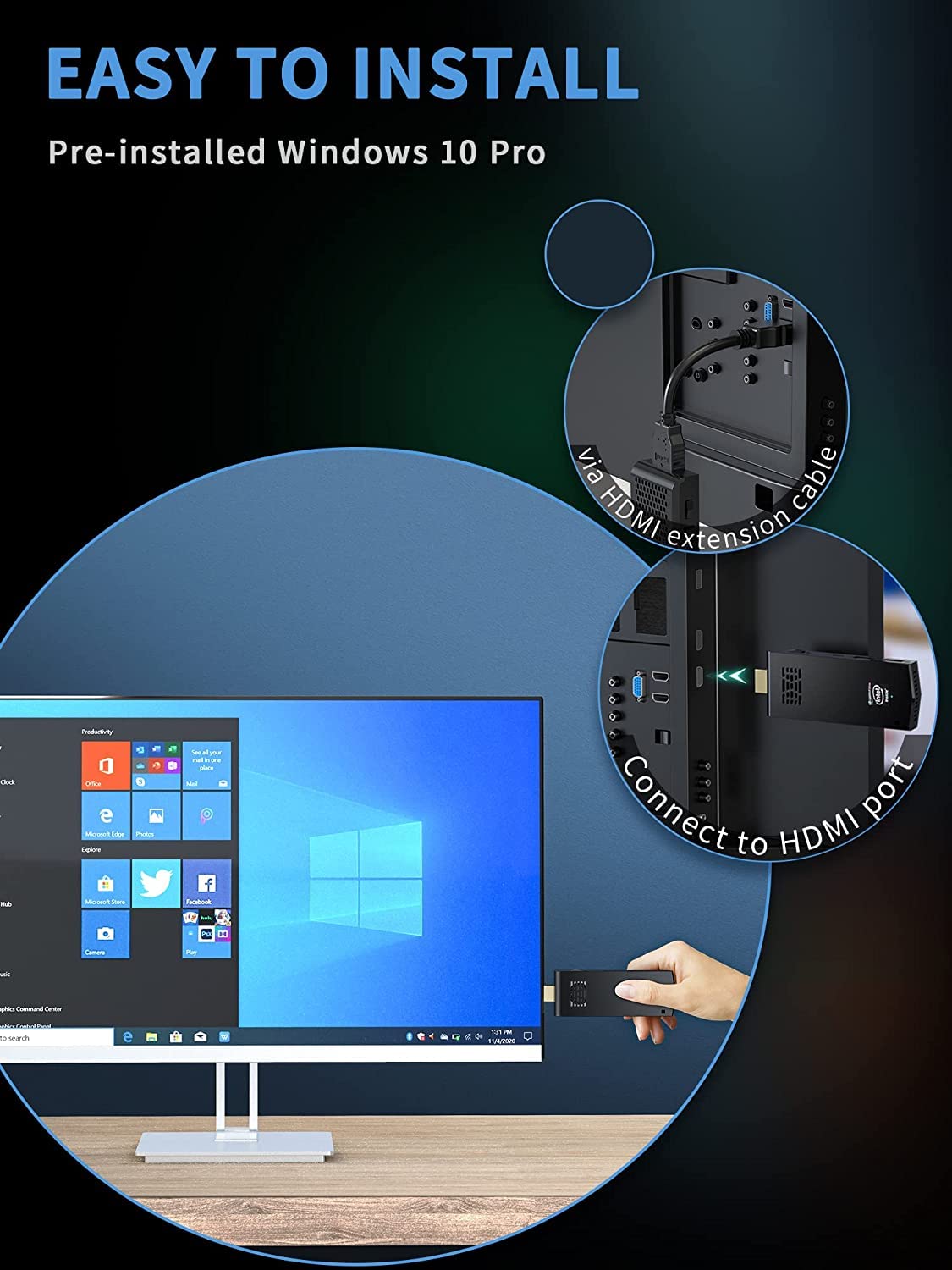 OUVISLITE Mini PC, Mini PC Stick 8GB RAM 128G ROM Atom X5-Z8350 Mini Computer Stick Win 10 Pro PC Stick 4K HDMI 2.4G / 5G WiFi Bluetooth 4.2 Auto Power On Business Office Home Theater 5