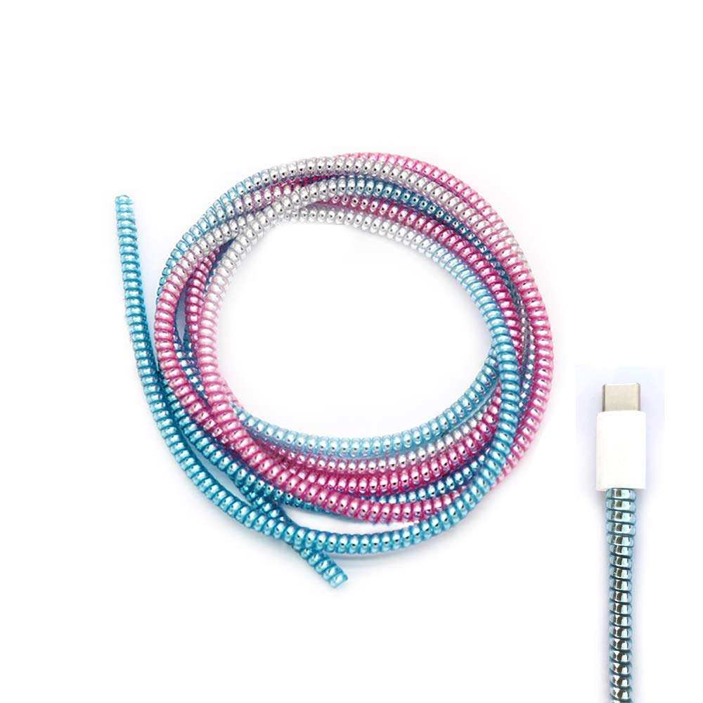 Cable Protector Animal Proof Wire Repair, Cord Protector for Pets Headphone Saver Spiral Cable Wrap Strain Relief, Cord Sleeve for Phone Cable USB Date Cable, 60 inches, 2 pcs, Silver-Pink-Blue 1