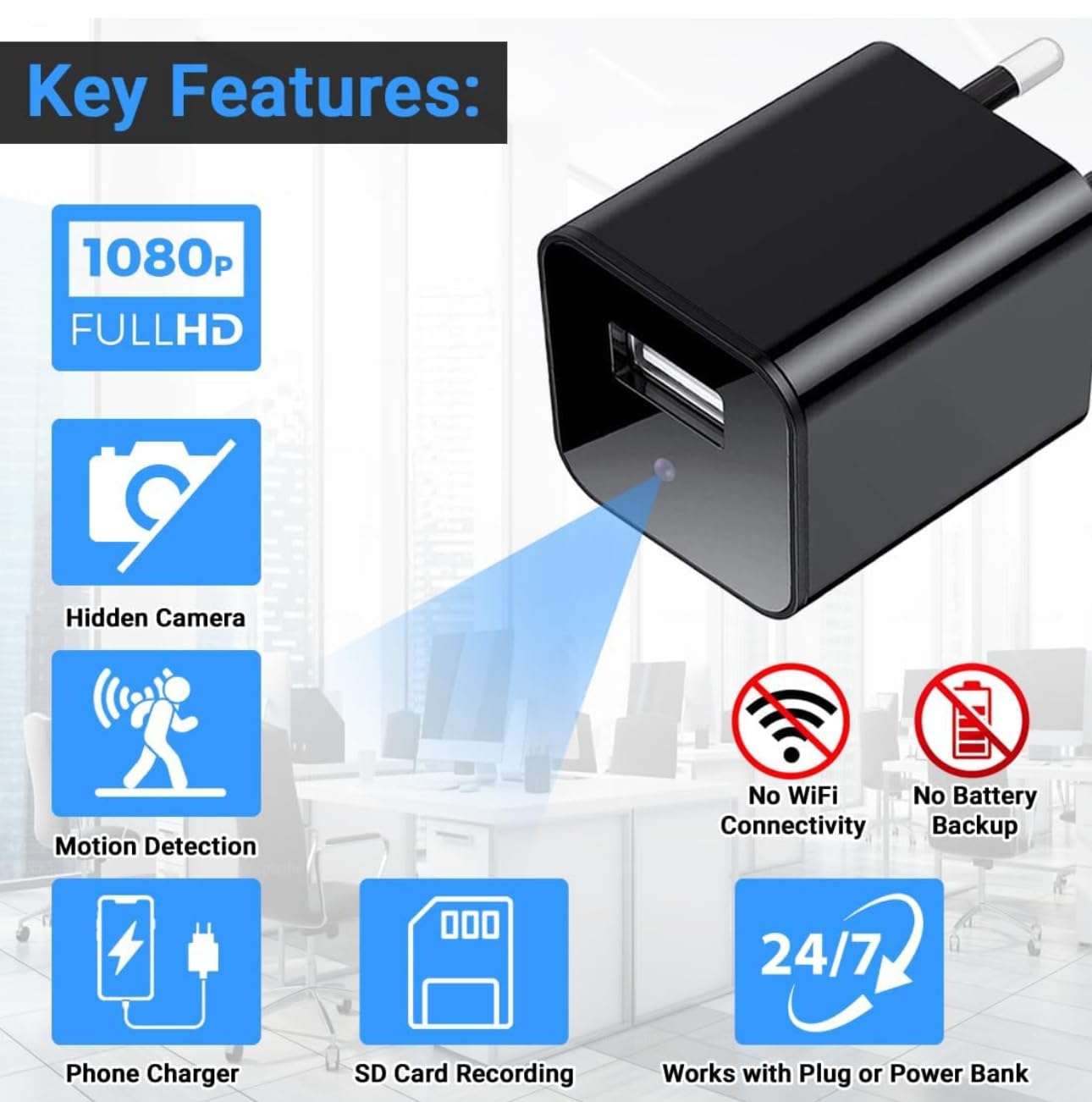 PELUPA 1080P USB Charger Mini Camera | for Home Office Surveillance | Motion Detection | Loop Recording | SD Card Storage Support Up to 256GB | Compact Hidden Security Device 3