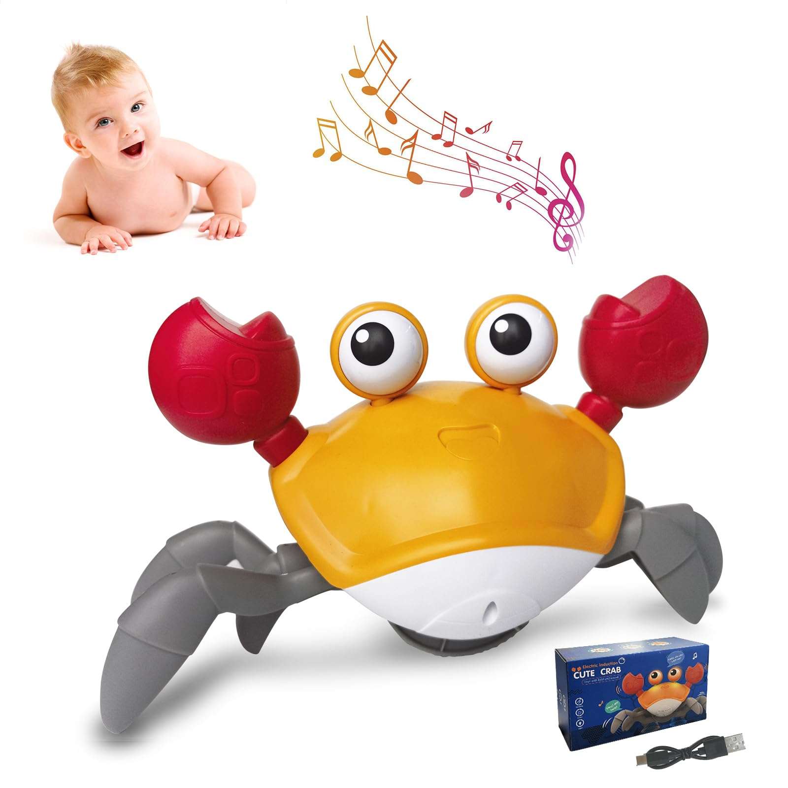 Zolakolet Crawling Crab Baby Toy Dancing Crab Baby Toy with Music and LED Lights, Automatically Avoids Obstacles Birthday, for Baby Boys and Girls 1