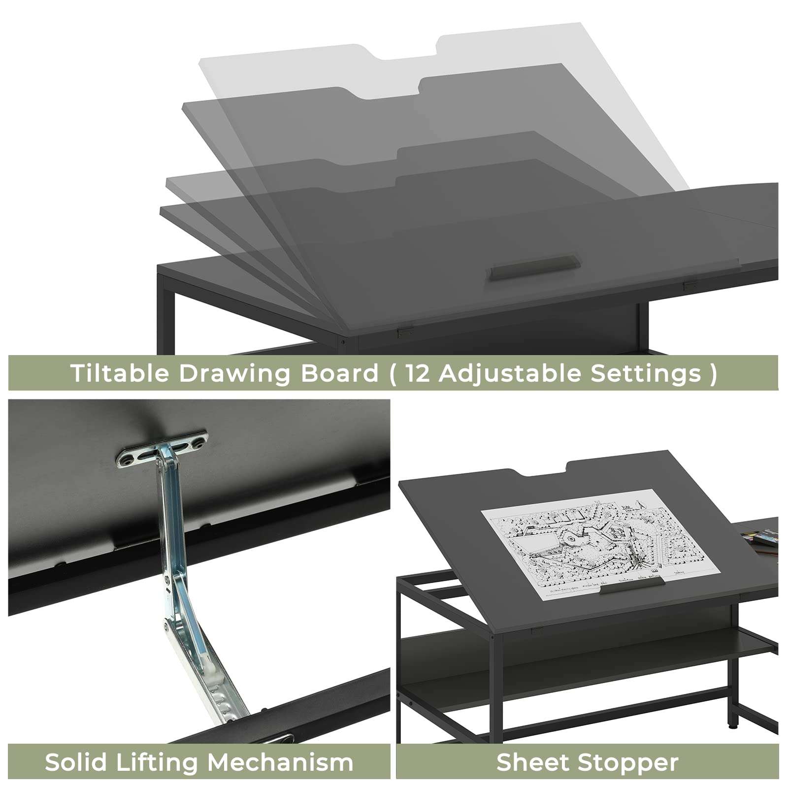 SEDETA L Shaped Computer Desk with Hutch, Drafting Drawing Table for Artists, 68.9 inches Corner Computer Desk for Home Office, Workstation Table with Monitor Stand Riser and Tiltable Desktop, Black 3