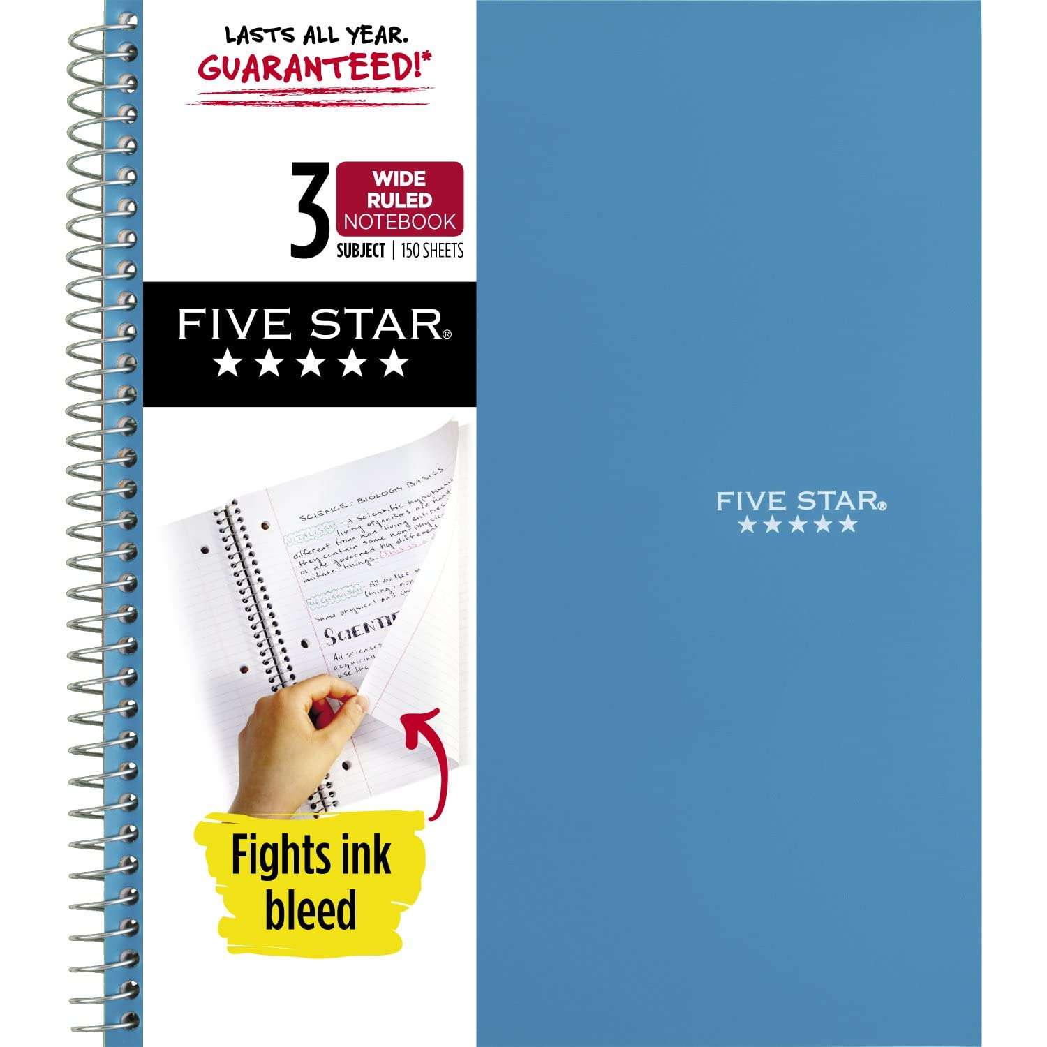 Five Star Spiral Notebook, 3 Subject, Wide Ruled Paper, 150 Sheets, 10-1/2" x 8", Color Selected For You (05204) 1