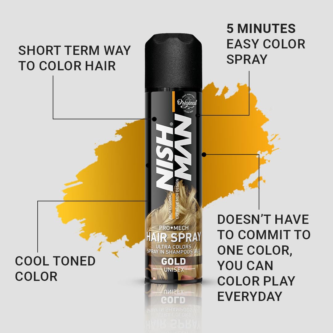 Nishman Professional Hair Color Spray | Cruelty, Peroxide & Ammonia Free | Suitable For Daily Use | Unisex Temporary Hair Color - Gold | 150 ML 6