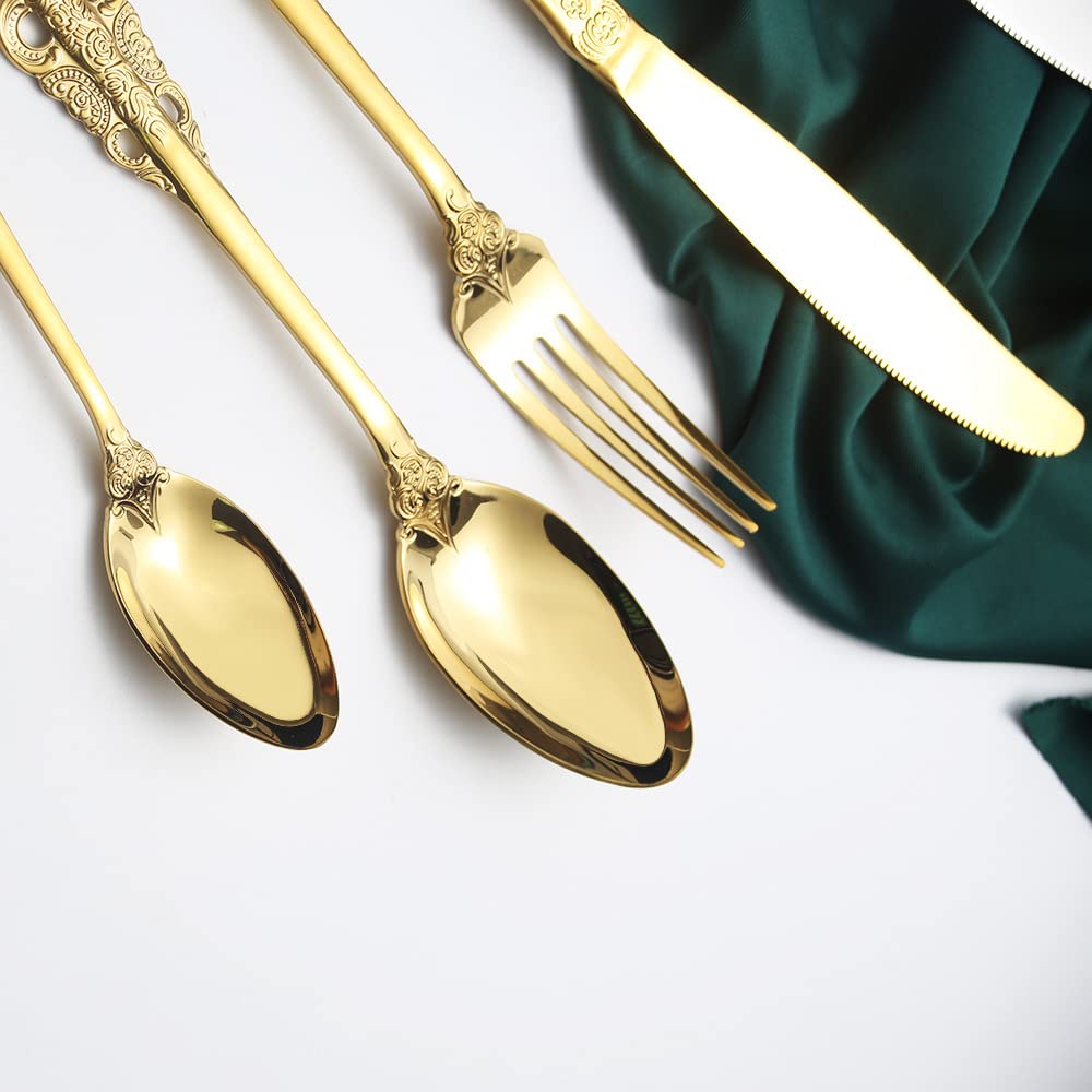 CherryBox Royal Cutlery Set of 4 Pieces Dinner Spoon, Tea Spoon, Dinner Fork and Dinner Knife with Gift Box (Gold) 5