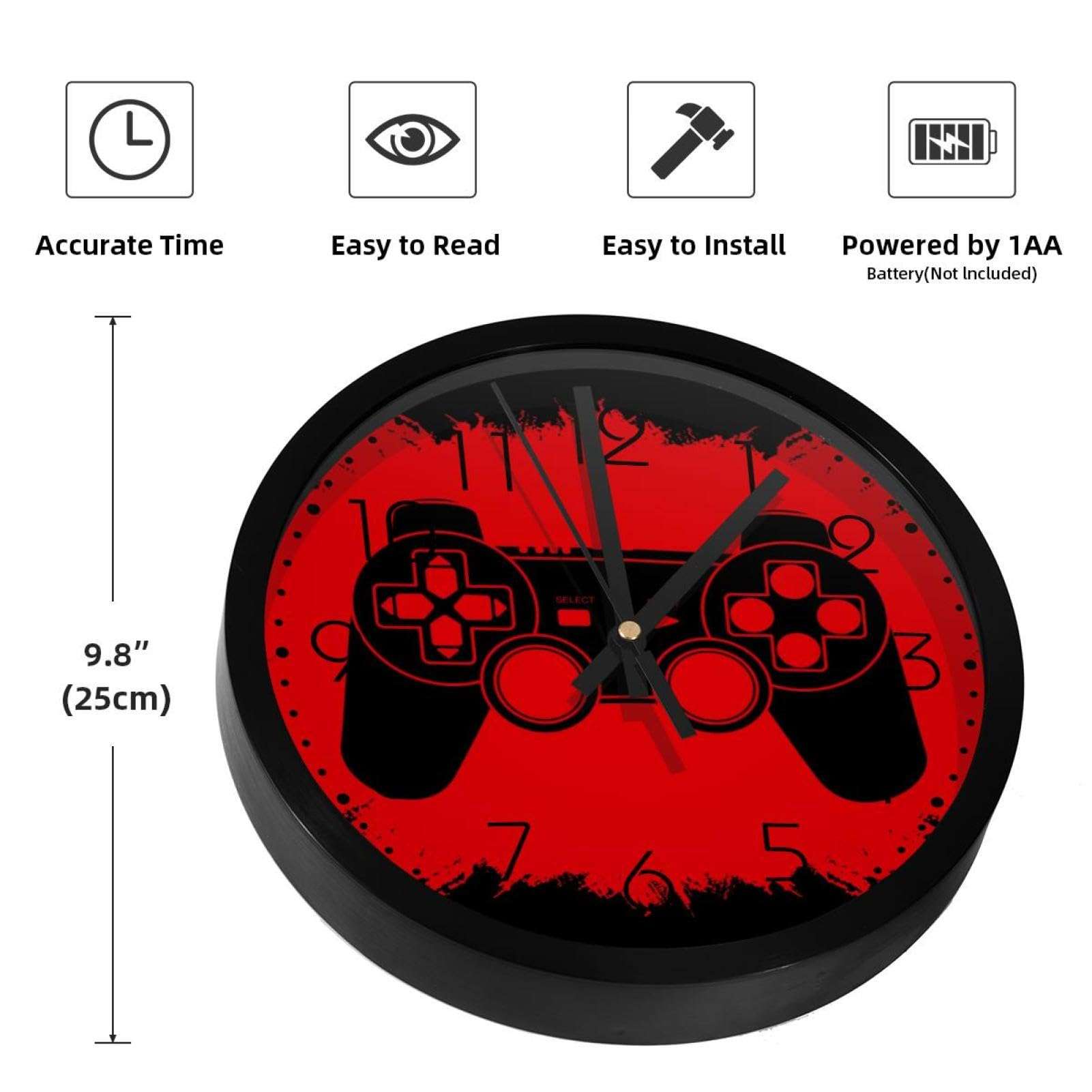 Game Joystick on Red Grunge Background Non-Ticking Wall Clocks, Battery Operated Silent Wall Clock for Bedroom Living Kitchen Office Home Art Decor 2