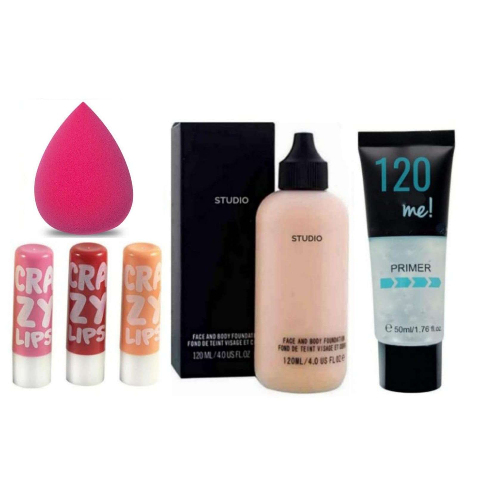 LOVEGIRL PROFESSIONAL FOUNDATION, PRIMER, LIP BALM & BLENDER. COMBO (PACK OF 4) 1