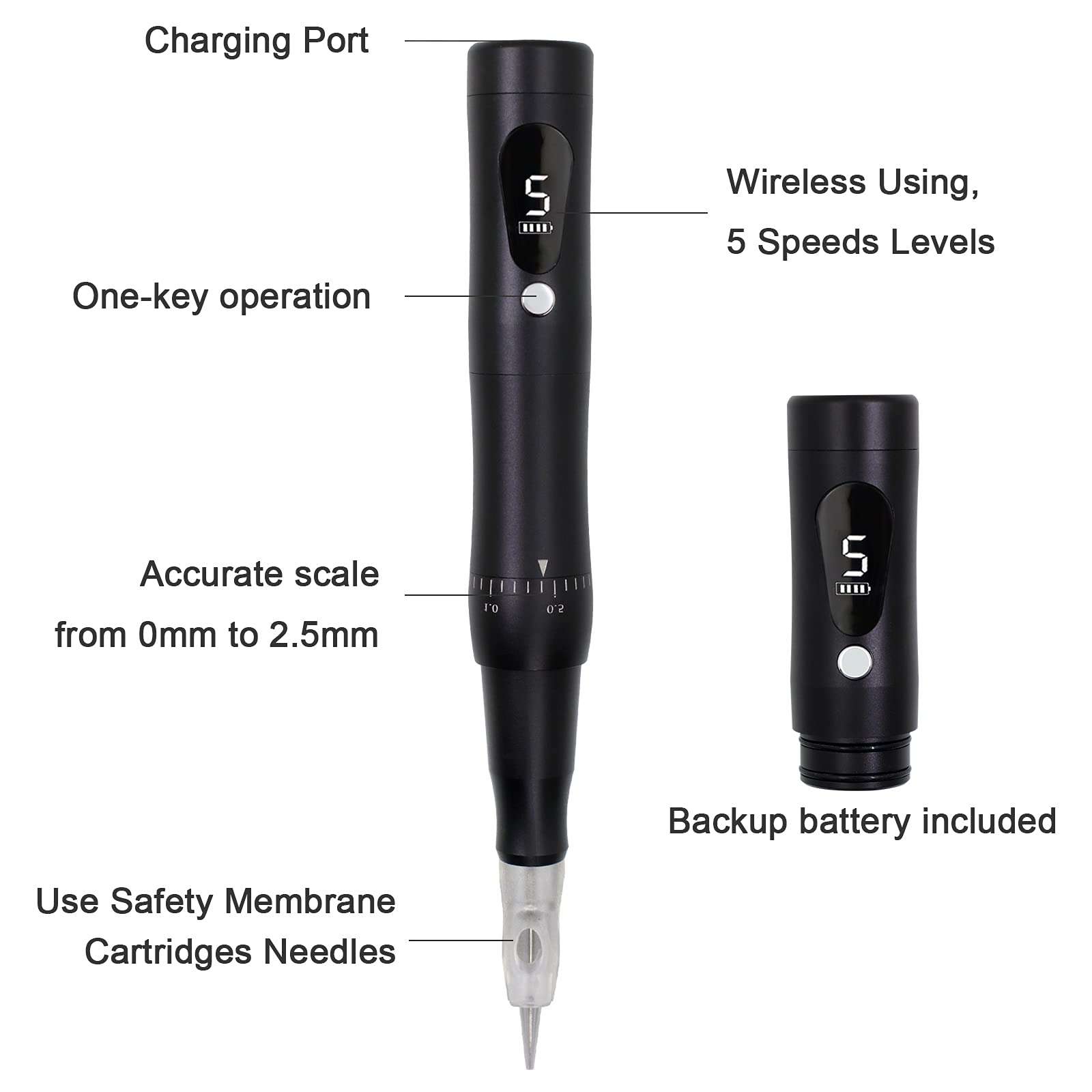 Cordless Permanent Makeup Machine Kit 5 Speeds Levels with Spare Battery for Eyebrows Eyeliner Lip Brushing (Black Machine) 3