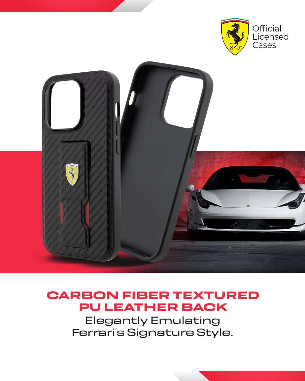 CG MOBILE FERRARI iPhone 15 Pro Case [Official Licensed] Grip Stand Case with Hot Stamp PU | Protective Case/Cover Designed for iPhone 15 Pro (6.1-Inch) 2023 - Black 4