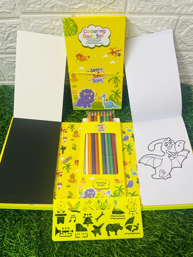 Paaroots Pack of 1 Mix Theme Coloring Scratch Book with 8 Double Side Colour Pencils and Stencils Art and Craft Drawing Scratch Book Set for 3+ Years Old Boys, Girls Return Gift for Kids[ Any1 Theme ] 1