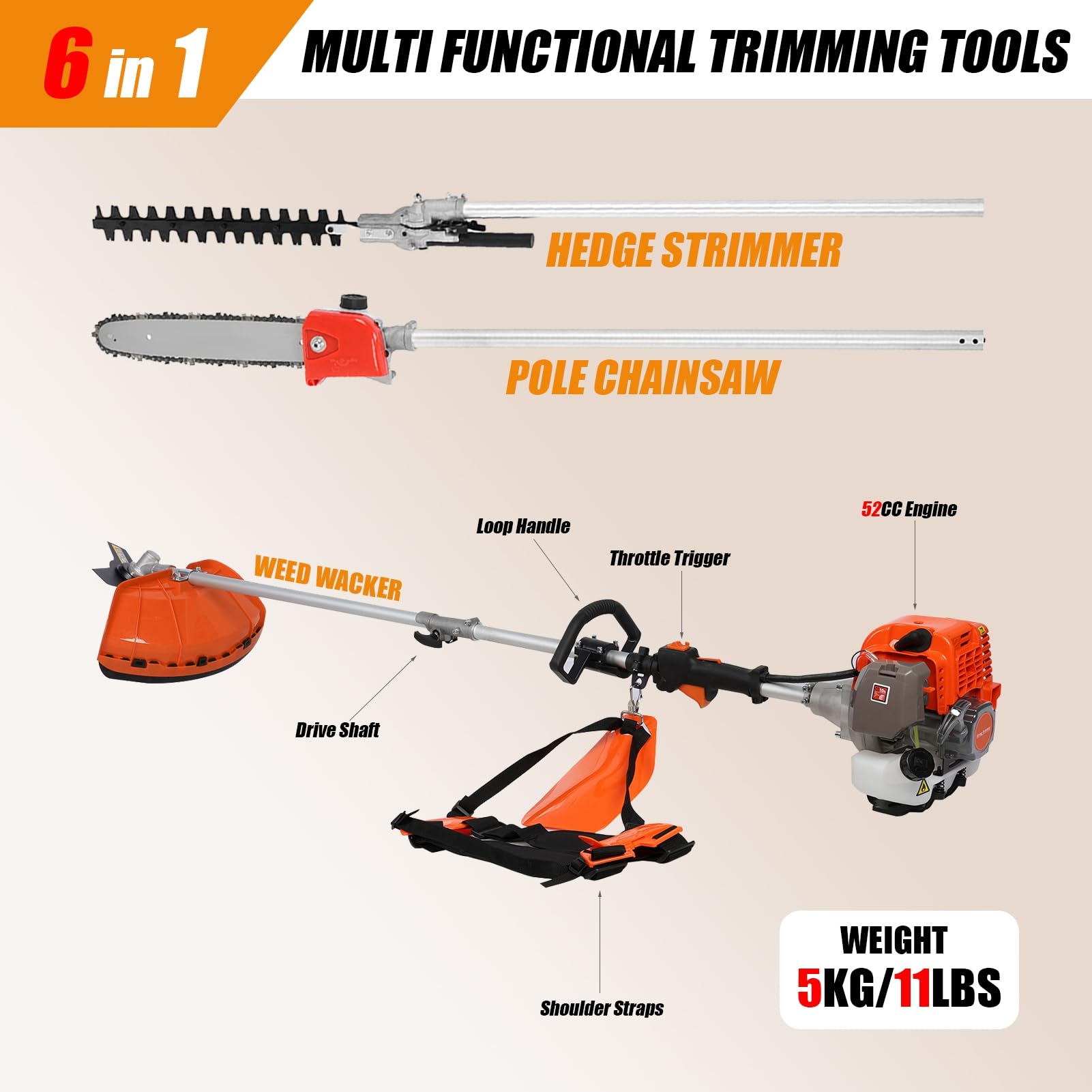 52CC Petrol Grass Strimmer Cordless, 5 in 1 Garden Brush Cutter, Extendable Hedge Trimmer Long Reach, Line Strimmer with 134 Extension Pole, Pole Pruner & Chainsaw for Patio Yard Lawn Red 6