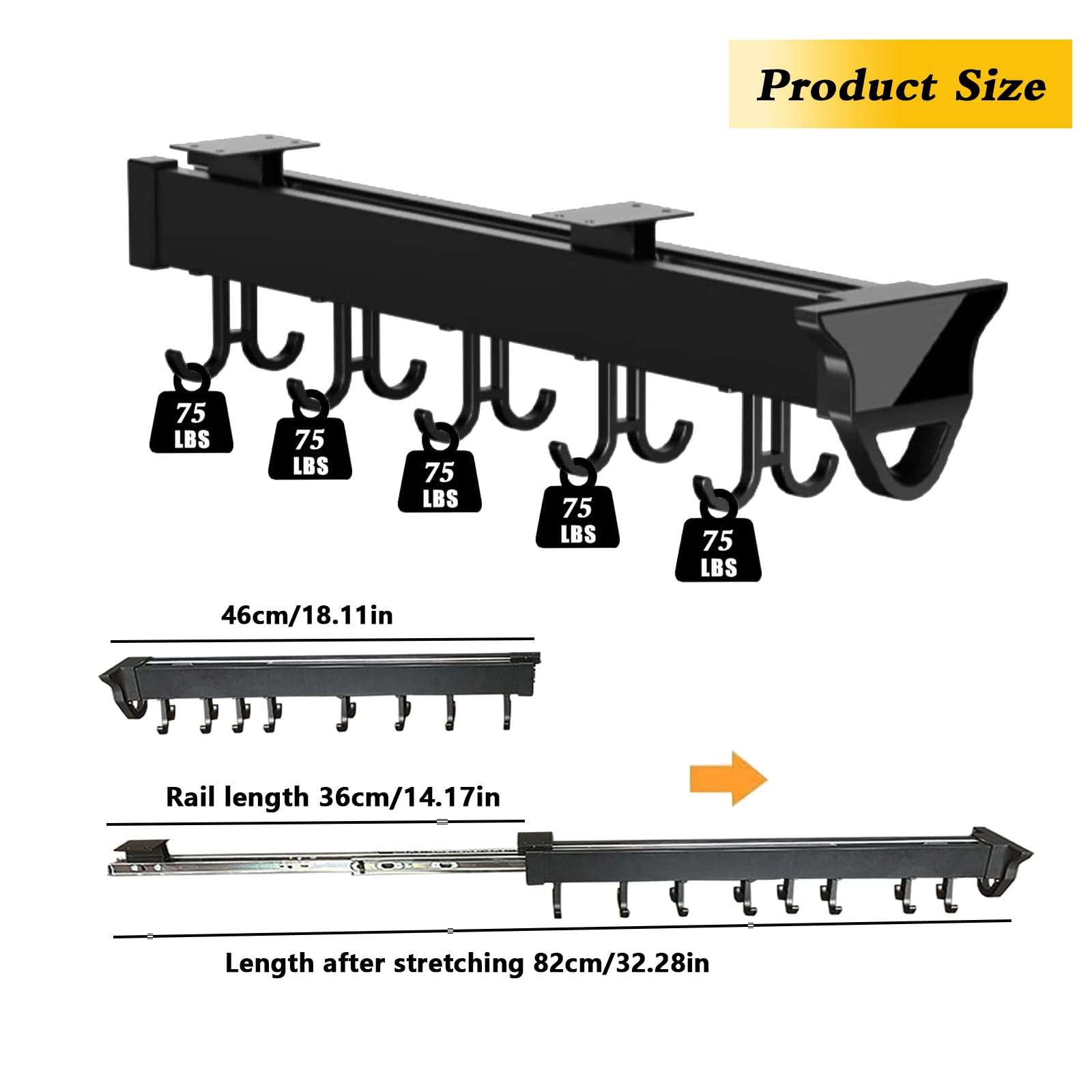 Pull Out Hanging Pot Rack Organizer for Cabinet - Load 75lbs, 12 Hooks, Expandable Sliding Rail, Broom Storage, Garage Hanger - Multifunctional Utility Organizer 3
