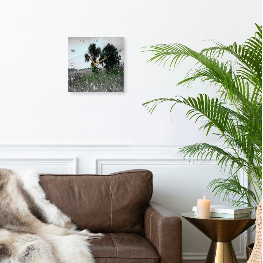 3dRose Wall Clock Silent - 13 inch - Image of Black and White Palms with Aqua Clouds Some Green - Lens Art by Florene - Black and White with Twist 2