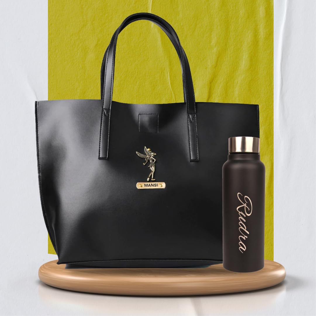 YOUR GIFT STUDIO Personalized Ladies Combo Leather Tote Bag and More | Women's Shoulder Bag | Customized with Name and Charm (Black) 3