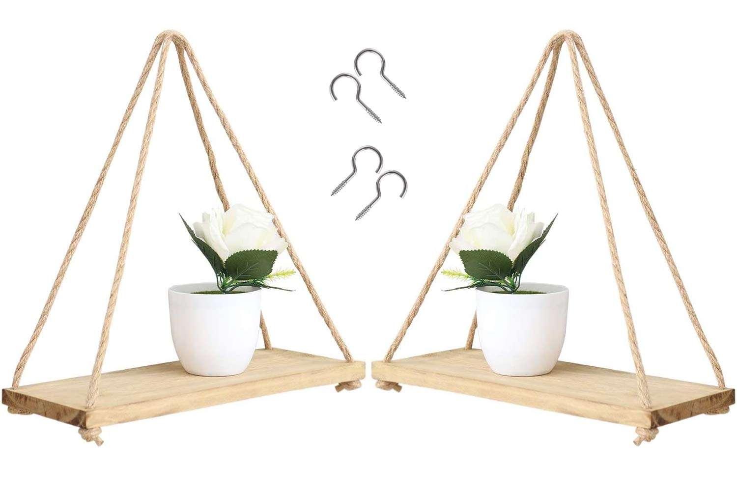 AB SALES Wooden Distressed Hanging Floating Shelves with String Rope with Hooks - 2 Pieces, Beige 1