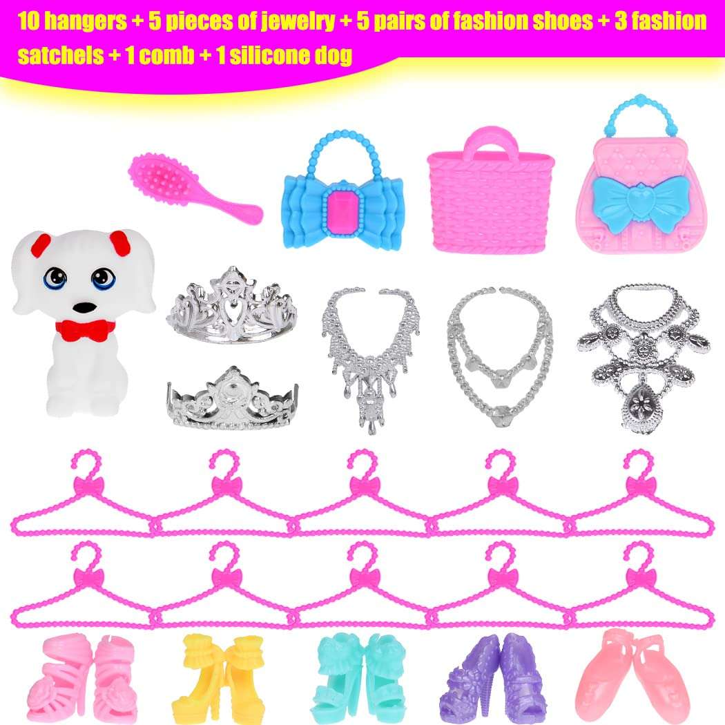 39 PCS Doll Clothes and Accessories Including 3 Wedding Gown Dresses, 5 Mini Dress, 3 Fashion Doll Clothes, 3 Blouses Pants, 1 Dog & 24 Accessories for 11.5 inch Fashion Girl Doll 5