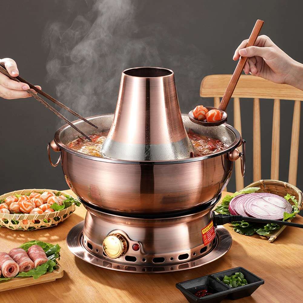 Copper Hot Pot,Vintage Shabu Pot,Vintage Copper Shabu Hot Pot Pan, Food Grade Stainless Steel Charcoal Shabu Hotpot Cooker Chinese Traditional Stew Pot Soup Pot Cookware for Home K ( Color : Gold , Si 3