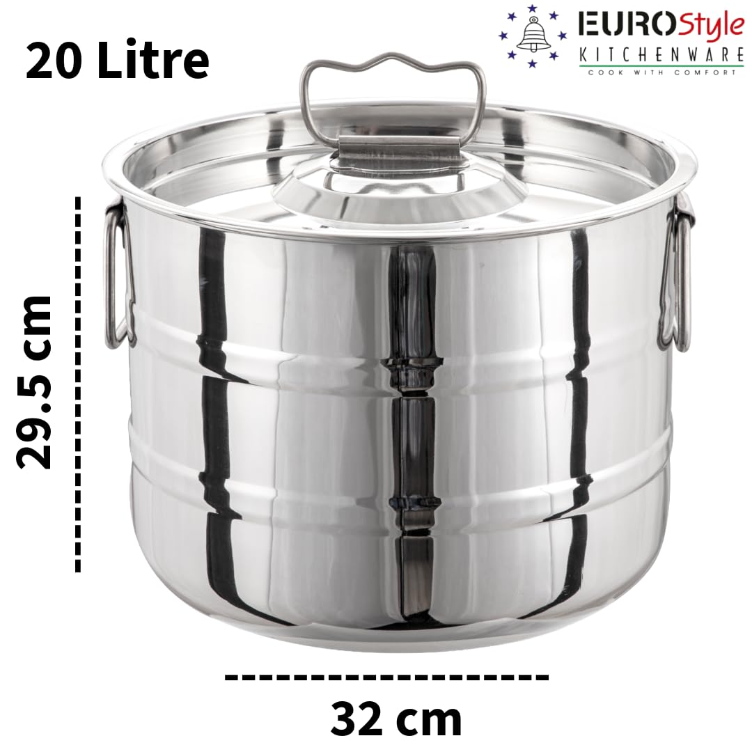EUROStyle Stainless Steel Kopparai Combo Set of 2 (15L & 20L) – Multipurpose Heavy-Duty Cook - For Large Preparation & Store Pots for Rice, Curries, and Kitchen Storage - For Healthy Cooking & Storage 5
