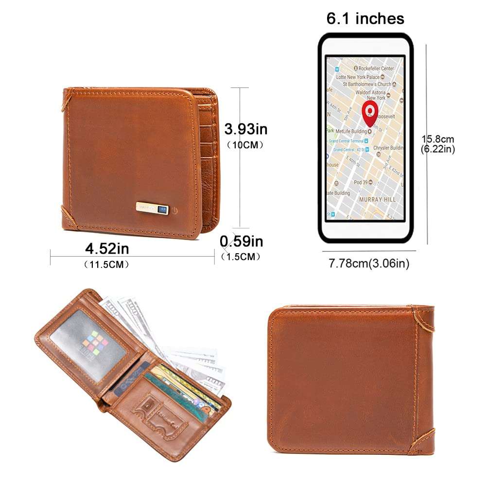 SmartLB, Smart Wallet Anti-Lost Bluetooth Tracker, Position Record (Via Phone GPS), Bifold Cowhide Leather Men Wallets Smart LB (Brown) 6