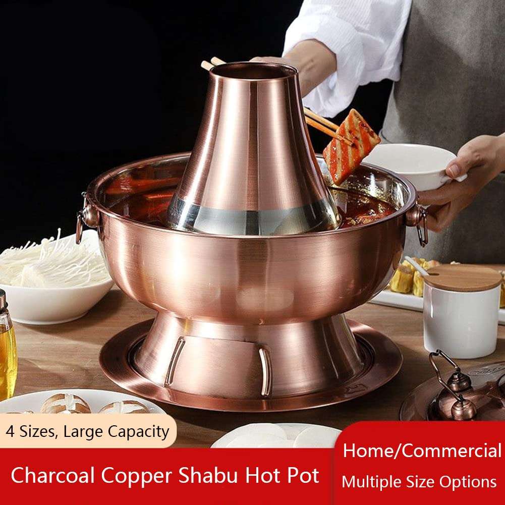 Traditional Chinese Copper Hot Pot,Vintage Shabu Pot,Vintage Copper Hot Pot Charcoal Shabu Shabu Hot Pot Pan Stainless Steel Chinese Cooker Traditional Soup Pot Cookware with Chimney for Home Party Re 3