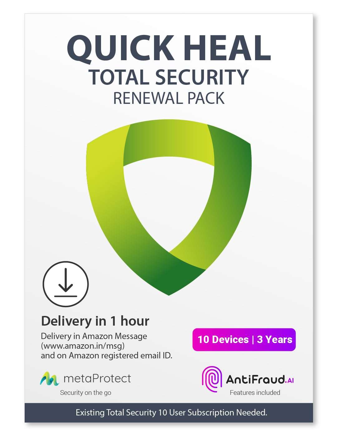 Quick Heal Total Security Renewal Upgrade Gold Pack - 10 Users, 3 Year (Single Key) (Email Delivery In 1 Hour- No Cd)- Existing 10 User Subscription Needed 1