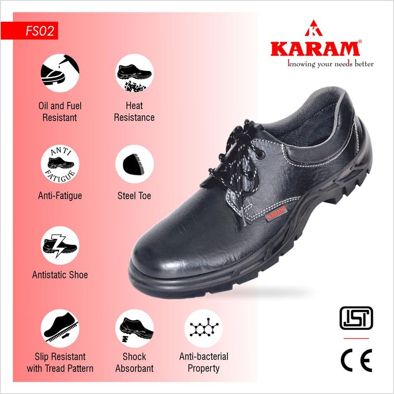 Karam FS02 Black Leather Safety Shoes for Men | Single Density with Steel Toe | Antistatic, Antislip, Oil & Heat Resistant | Size-04 6