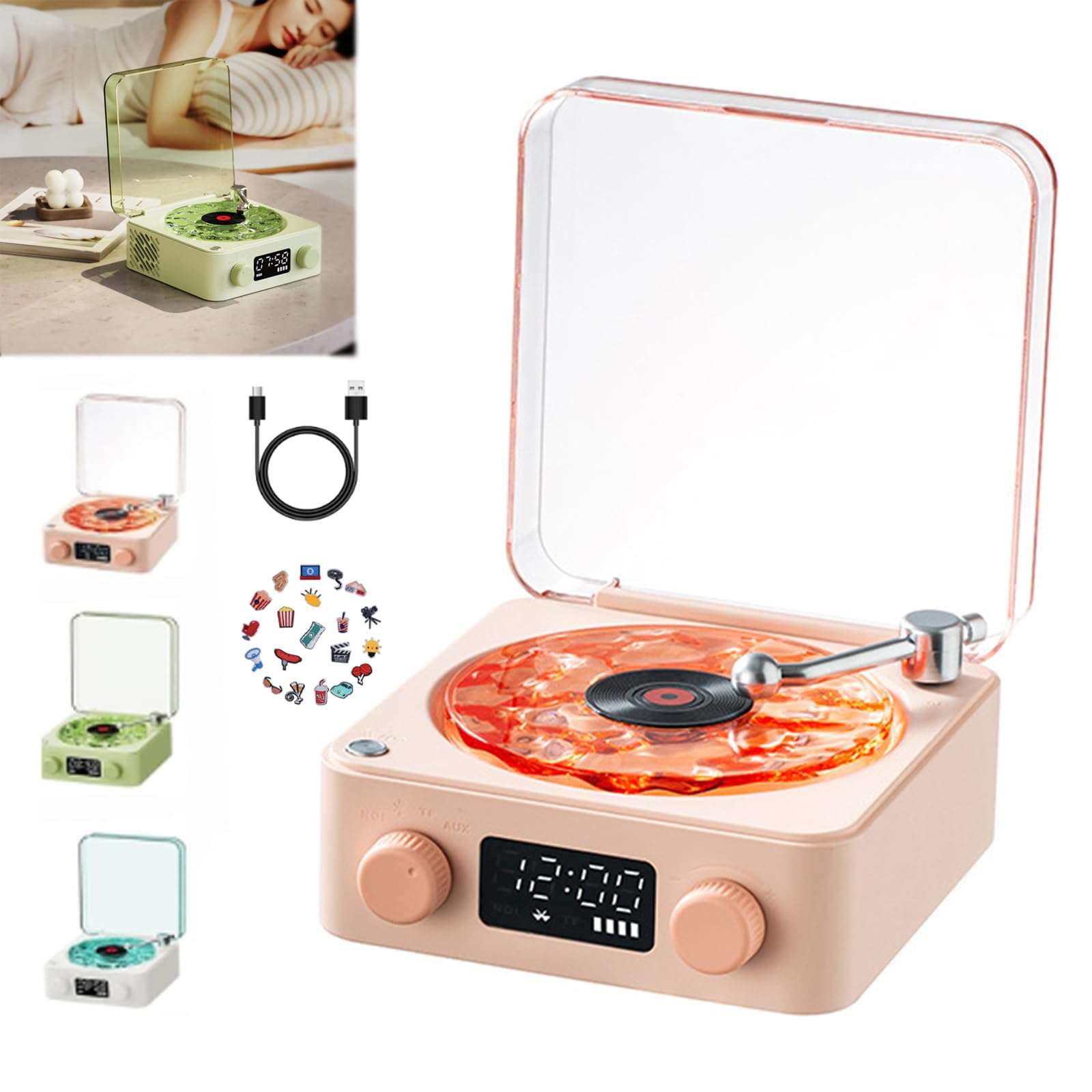 Generic Aquavinyl Waves Mini Speaker, Retro-Style Wireless The Waves Vinyl Player for Sea White Noise with Bedroom Clock Ambience Light,Aqua Vinyl Bluetooth Speaker for Bedroom Home Office (Green) 1