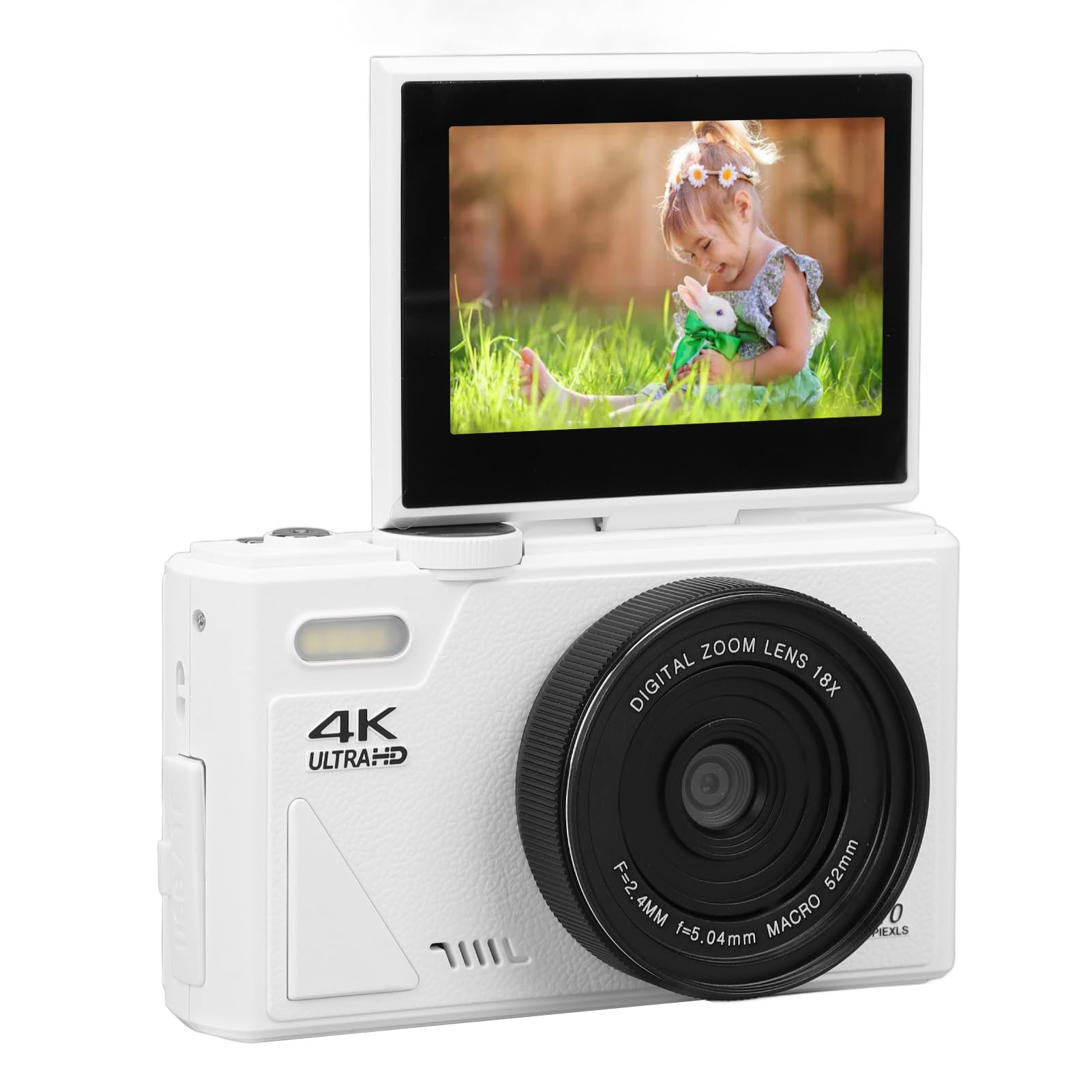 Digital Camera with Flip Screen LCD, UHD 4K 64MP Camera, Digital Point and Shoot Camera with 18X Zoom, Vlogging Camera for Travel Photography Vlogging (White) 5