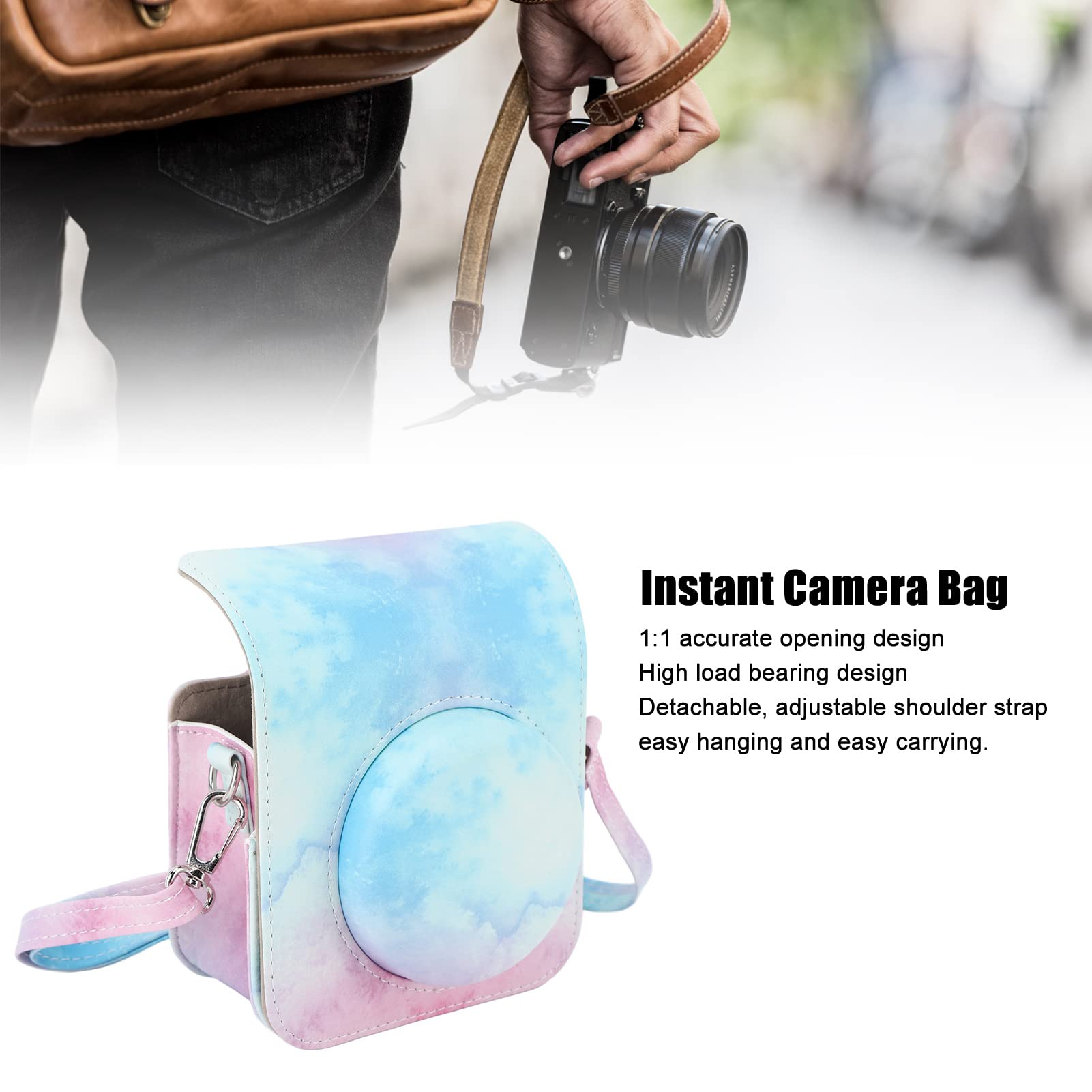 banapoy Instant Camera Case, Instax Mini 12 Camera Protective Case Bag With Adjustable Shoulder Strap, Portable PU Leather Camera Carrying Bag for Instax Mini 12 Camera (Blue Pink) 4