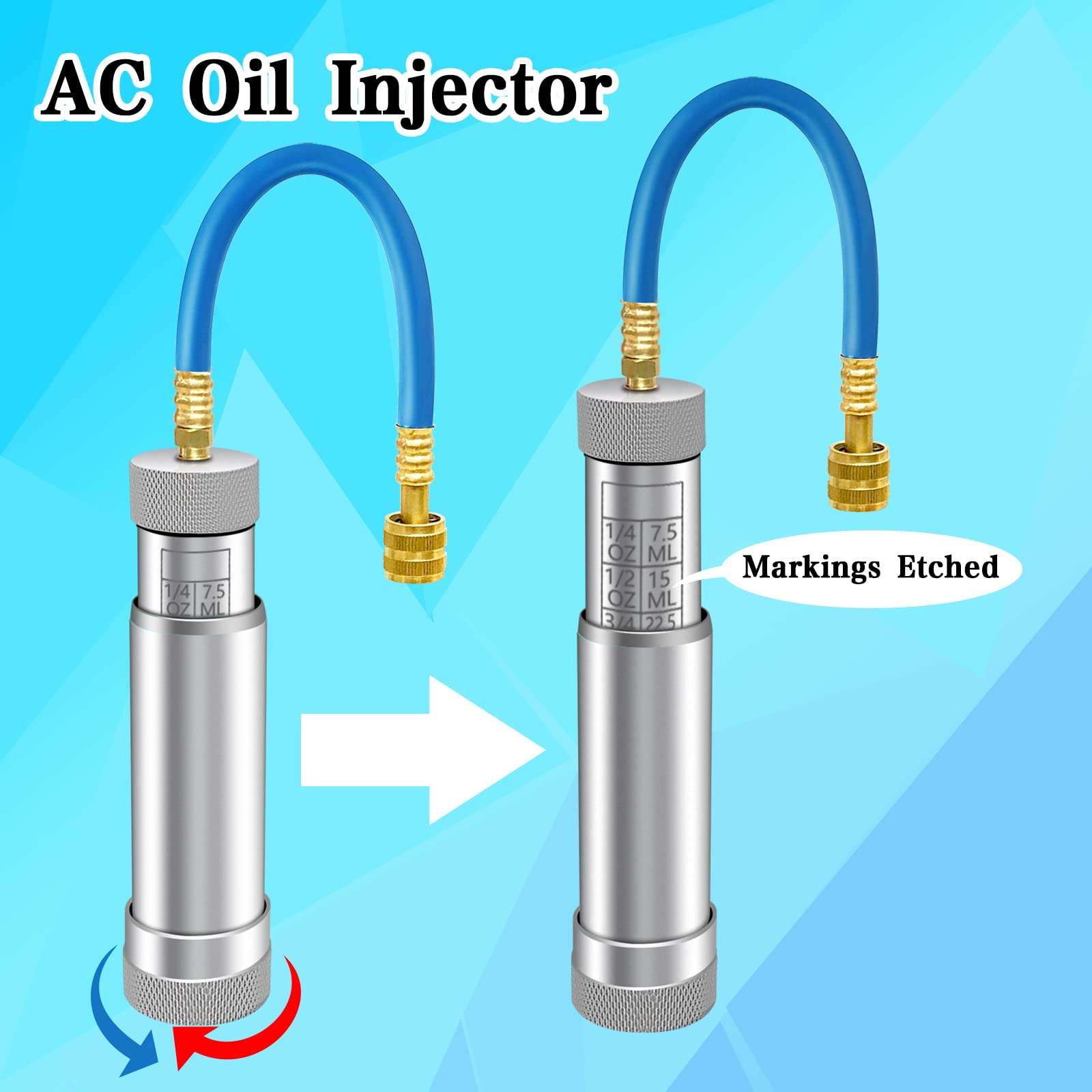 AC Oil Injector for R1234YF, R134A, R410A, HVAC Dye Oil Injector with 1/4" SAE Connector, 2 OZ Refrigerant Hand Turn AC Oil Injector Tool, for R1234YF R134A R410A Refrigerant System 6