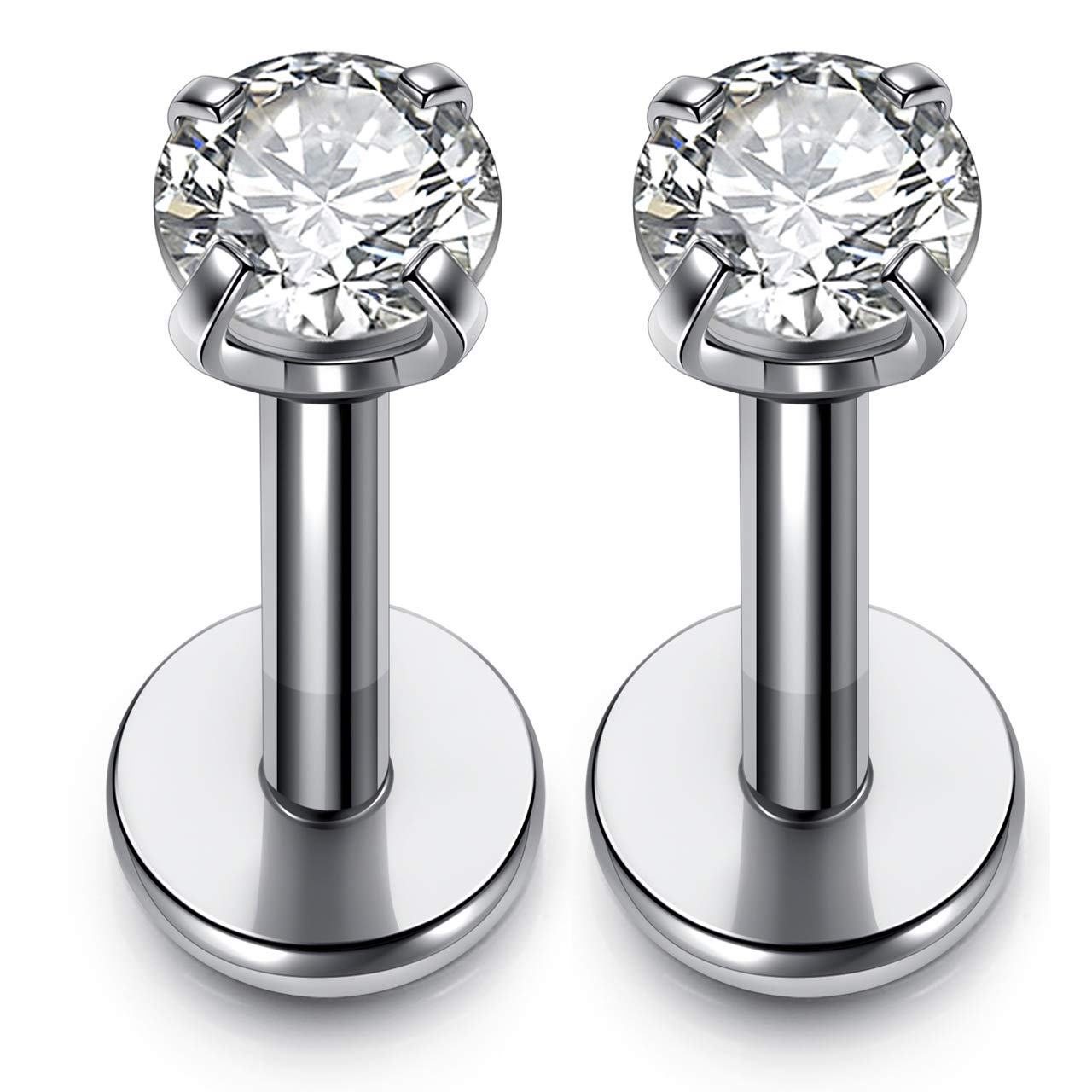 PiercingJ 2-4pcs 16g 316L Stainless Steel 3mm Cubic Zirconia Labret Monroe Lip Ring/Tragus/Helix Earring,6-12mm Bar Length 1