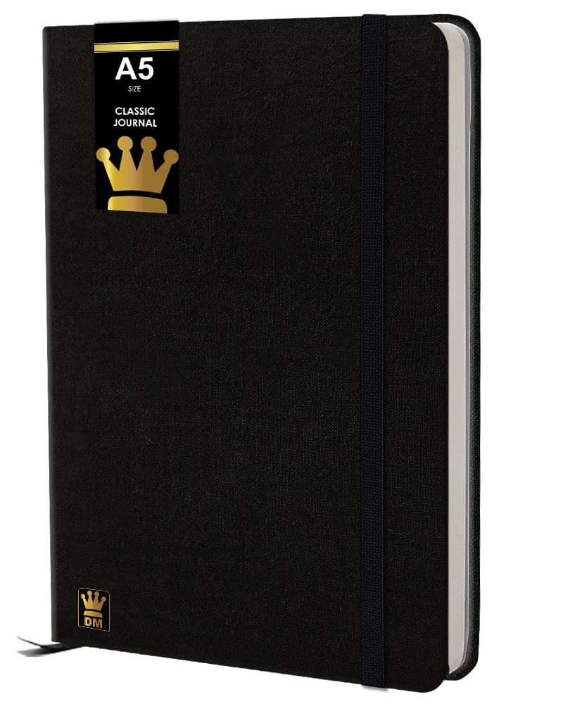 Diarymart Linen Fabric Cover Material Hardbound Executive Diary Notebook with Monthly Planner and Elastic Closure, A5 Size 192 Pages (Solid Black) 1