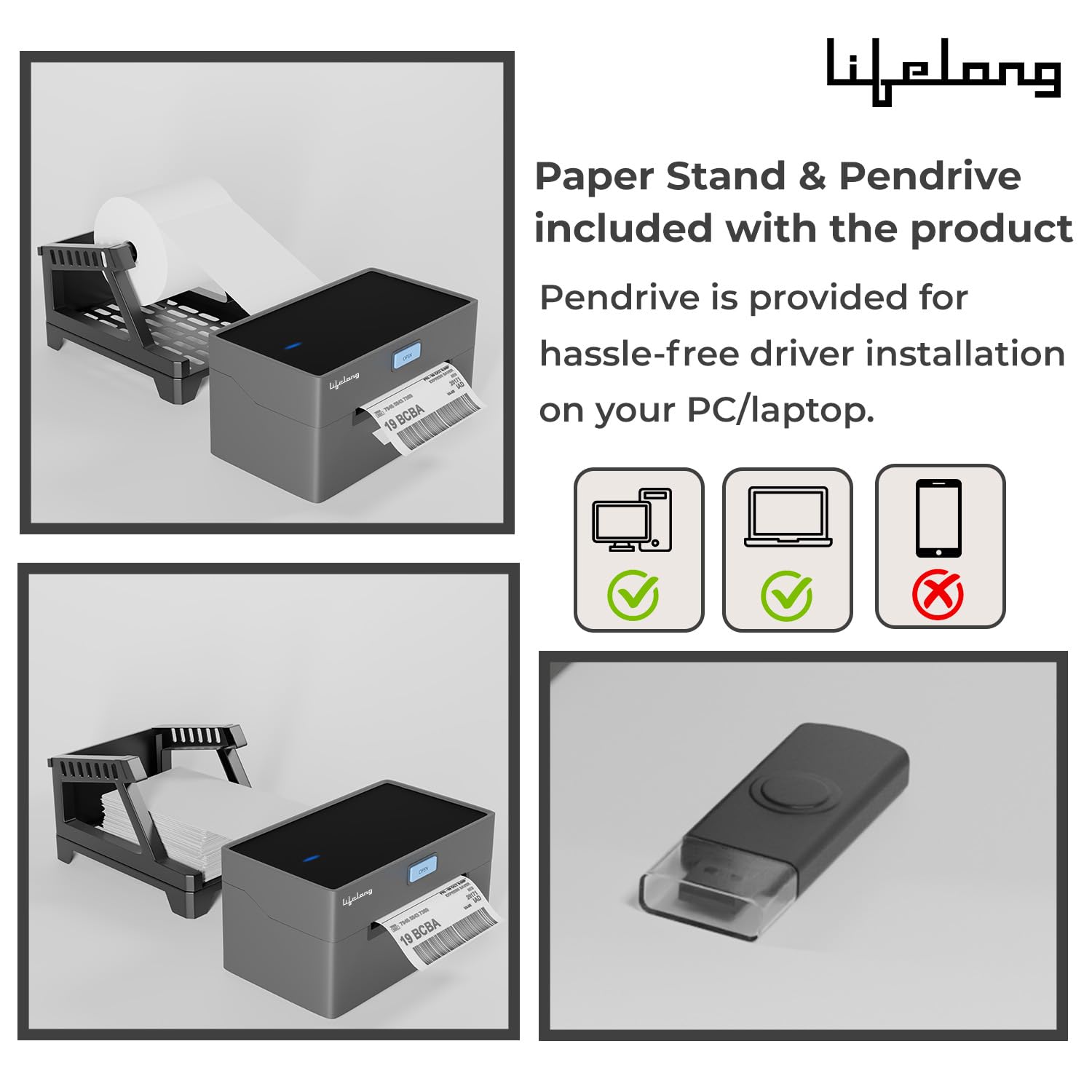 Lifelong USB Direct Thermal Label Printer | 4x6 Black and White Shipping Barcode & Sticker Printer | Adjustable Paper Size | 203 DPI & 160 mm/s | Windows & Mac | Pen Drive | 1 Yr Manufacturer Warranty 4