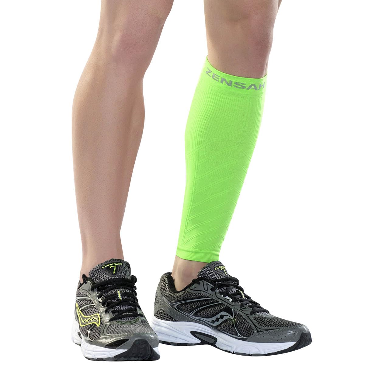 Zensah Calf/Shin Compression Sleeve - Made in the USA Single Leg Compression Sleeve for Shin Splint Relief, Recovery, Running (Neon Green, Large/X-Large)