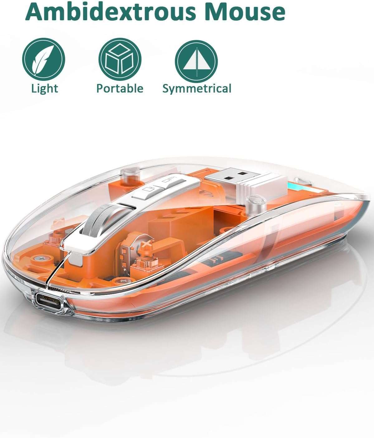MICROWARE Bluetooth Wireless Mouse Tri-Mode (BT5.1+BT5.1+2.4GHz) USB C Rechargeable Transparent Computer Mouse Silent with USB Receiver 6