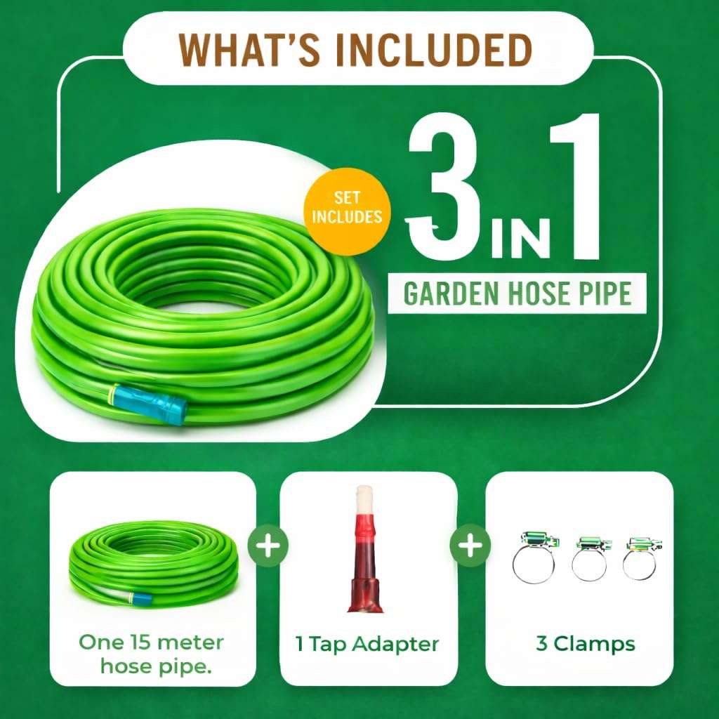 PulGos 15 Meter Pack of 1 Heavy Duty PVC Garden Hose Pipe with Tap Adapter & 3 Clamps | Flexible, Latex core, Leak-Resistant Water Pipe for Gardening, Car Washing, Lawn Care & Outdoor Use (Green) 5