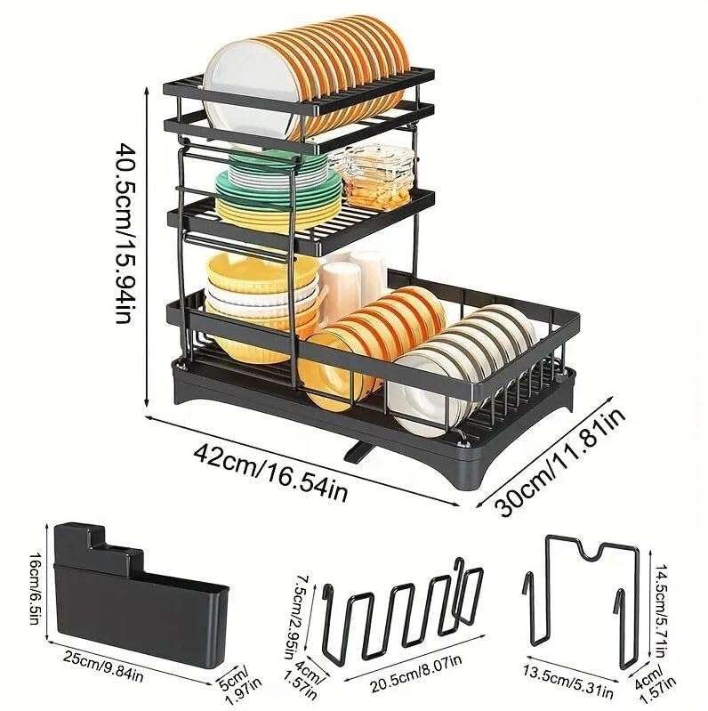 Lucario Dish Drainers Rack with Drip Tray, 3 Tier Large Dish Drying Rack with Draining Board and Cutlery/Holder Over Sink, Dish Dryer Rack for Plate/Utensil on Kitchen Countertop (RACK-358) 3