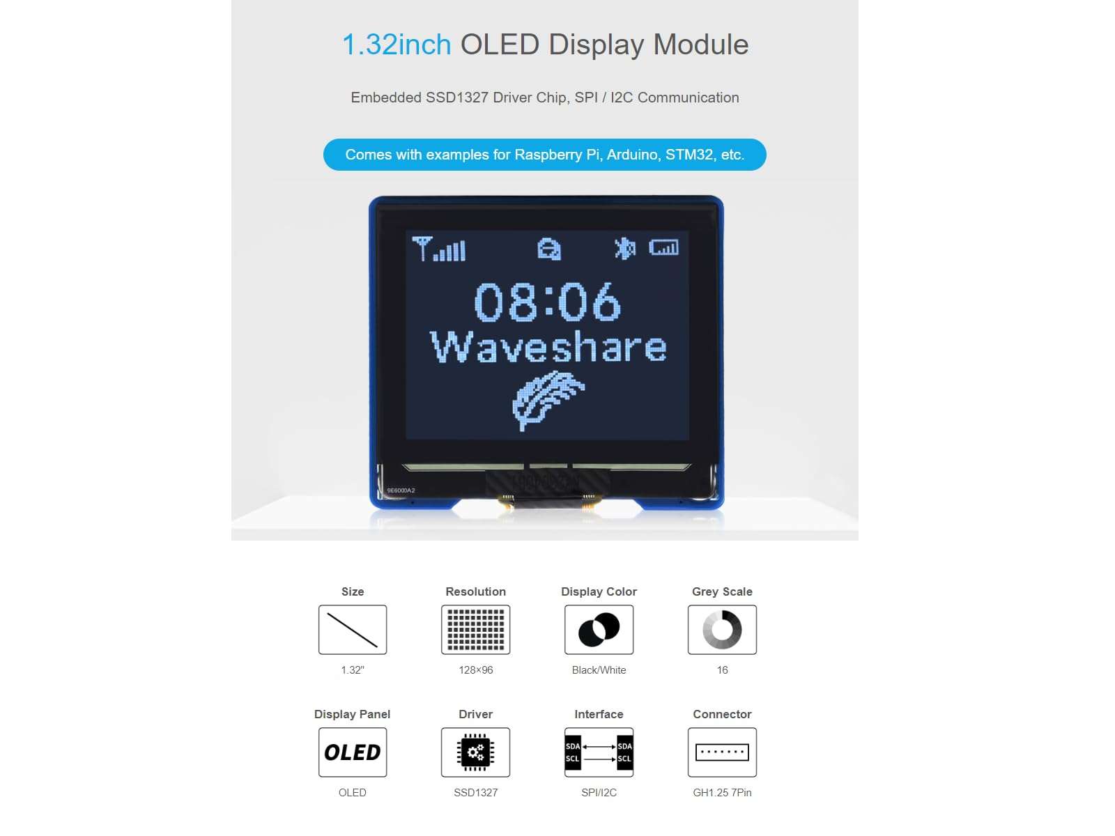 waveshare 1.32inch OLED Display Module, 128x96 Pixels 16 Gray Scale OLED Display,Compatible with Raspberry Pi/Arduino/STM32,SPI/I2C Interface,SSD1327 Driver 3