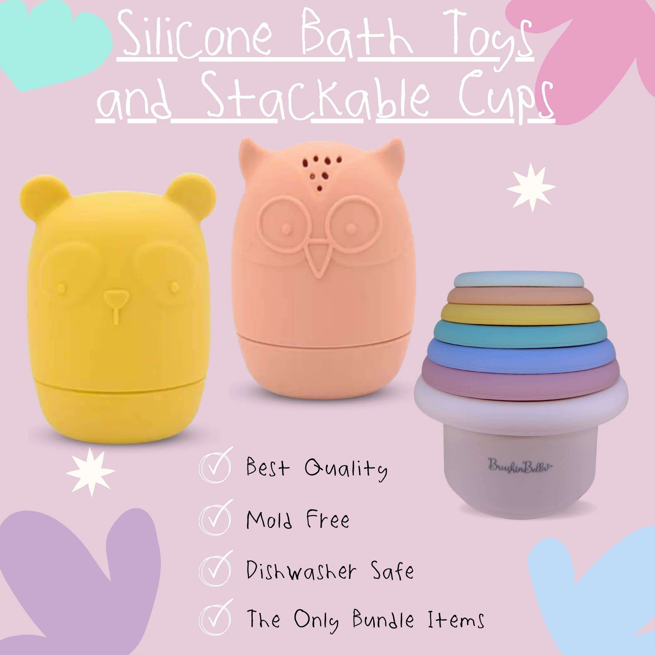 BrushinBella Silicone Bath Toys 4-Pack - Cleanable Silicone Toys with Montessori Stackable Cups - Baby Bath Toys - Dishwasher-Safe Bath Toys - Toddler Tub Toys - Baby Bath Essentials 3
